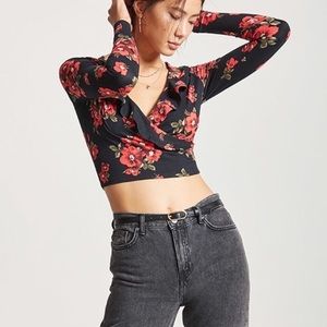 Floral Surplice Ruffle Crop Top